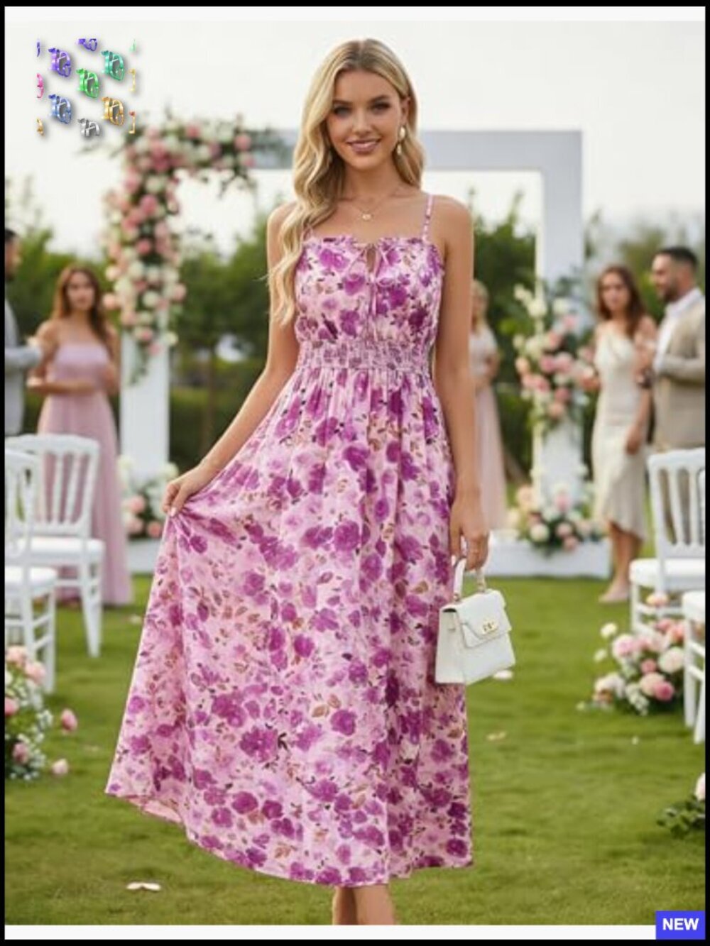 Floral Midi Sundress Boho Casual Summer Vacation Dress with Pockets Adjustable - Picture 4 of 7